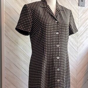 100% Silk Black and Cream Button-Front Geometric Dress 14